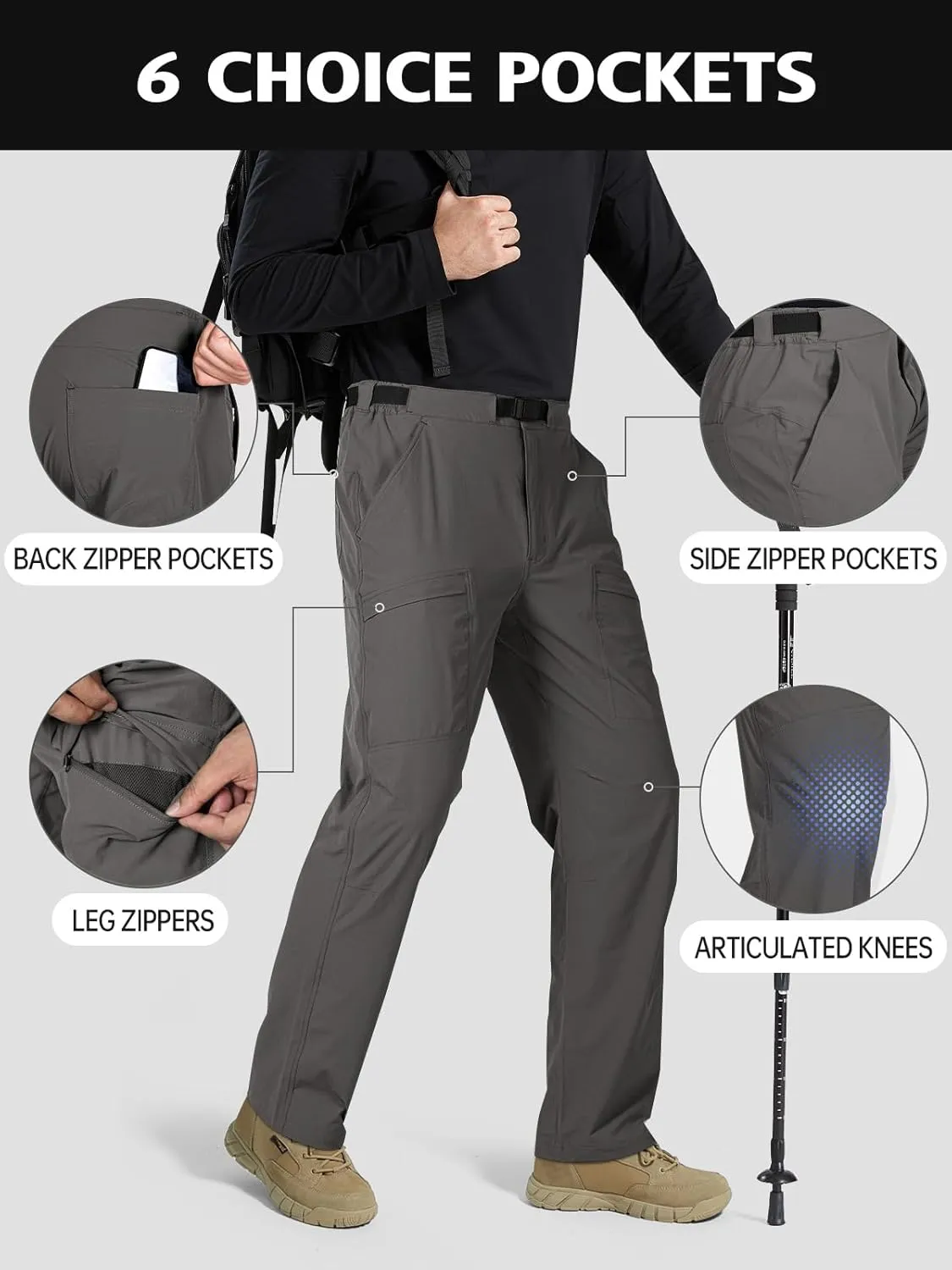 FREE SOLDIER Men's Outdoor Cargo Hiking Pants with Belt Lightweight Waterproof Quick Dry Tactical Pants Nylon Spandex