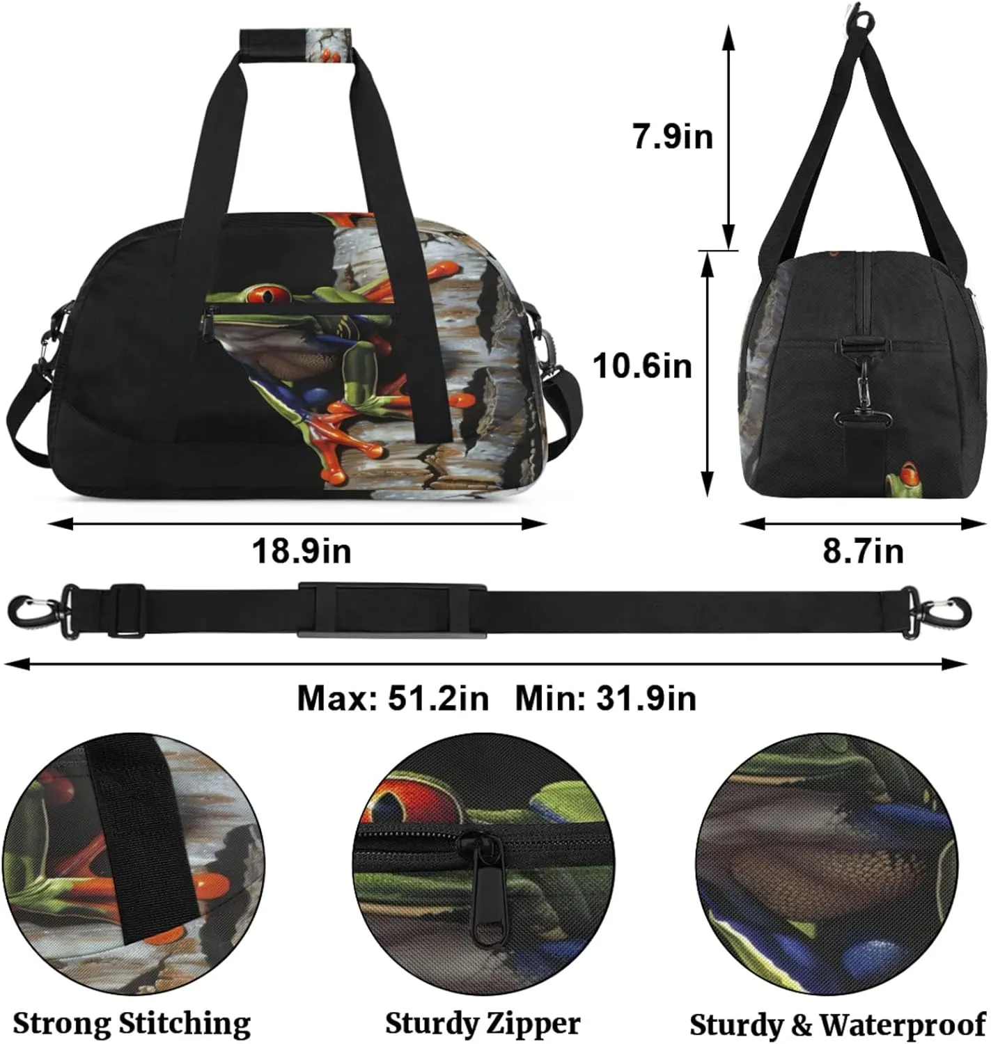 Frog Gym Bag for Women Men, Sports Travel Duffel Bag Lightweight Workout Bag Carry On Overnight Weekender Bag