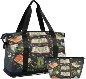 Frogs Reading Travel Duffel Bag Waterproof Gym Sport Tote Bag Carry On Weekender Bag with Compartment