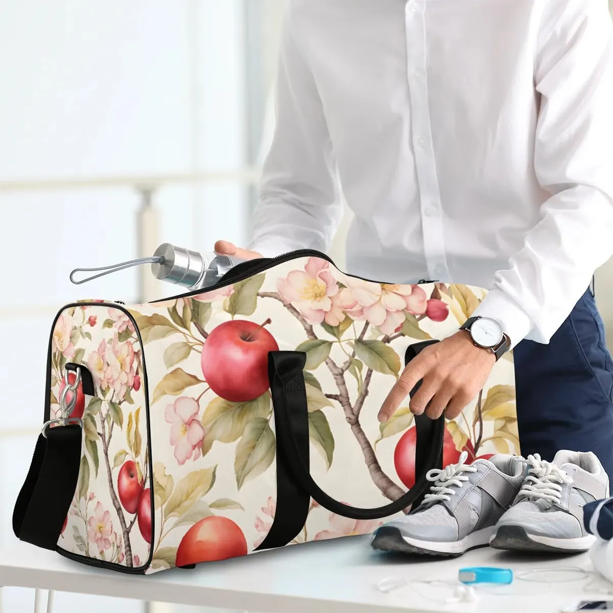Fruit Apples Flowers Travel Duffel Bag for Women Men Waterproof Foldable Overnight Weekender Bag Large Capacity Sports Gym Bag