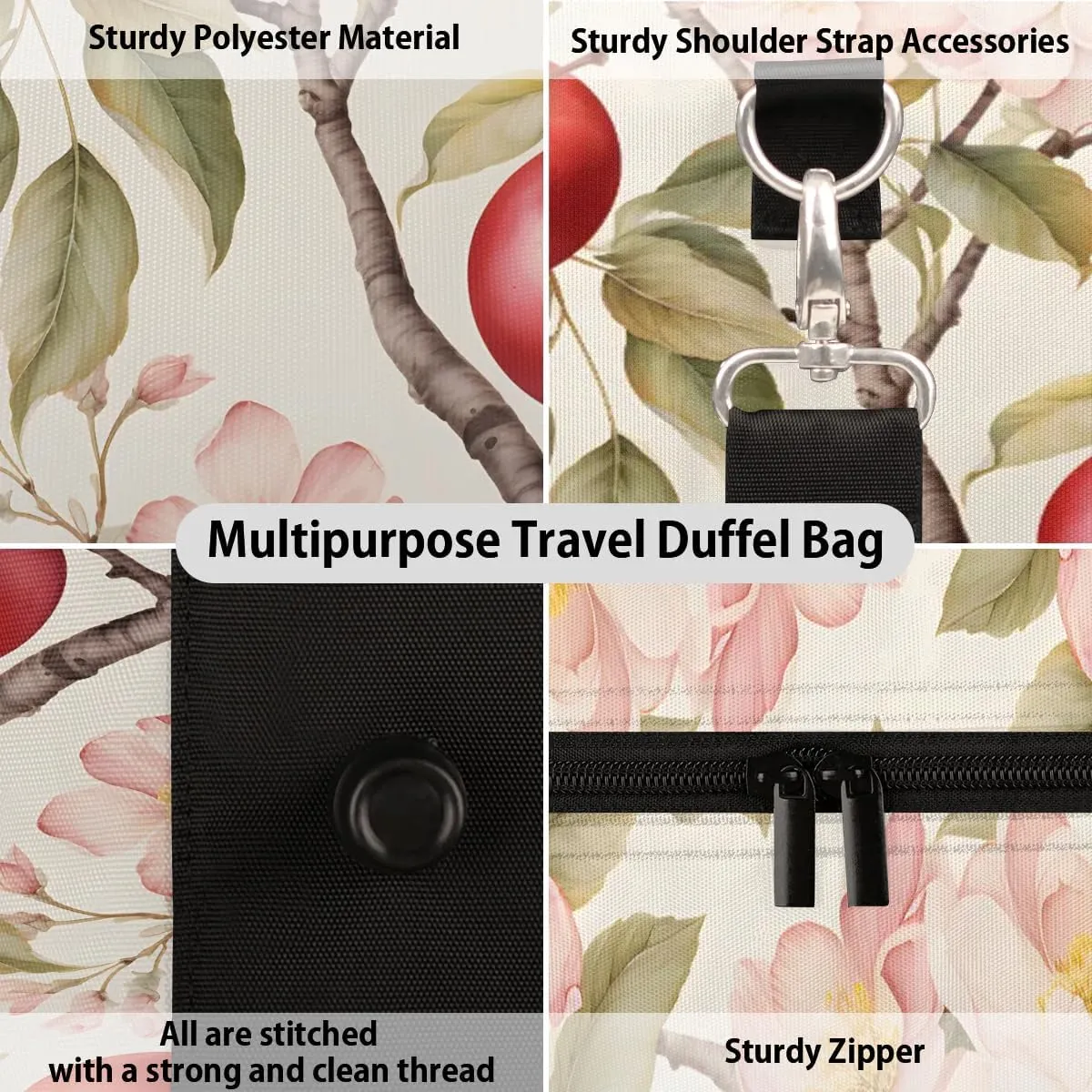 Fruit Apples Flowers Travel Duffel Bag for Women Men Waterproof Foldable Overnight Weekender Bag Large Capacity Sports Gym Bag