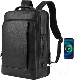 Full Grain Genuine Leather Backpack for Men Multi-Functional 15.6" Laptop Backpack with USB Charging, Black Convertible Business Travel Backpack Work Rucksack Daypack