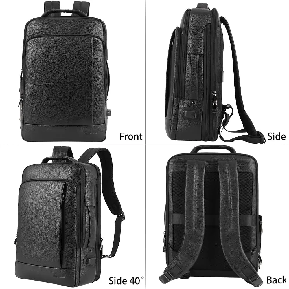 Full Grain Genuine Leather Backpack for Men Multi-Functional 15.6" Laptop Backpack with USB Charging, Black Convertible Business Travel Backpack Work Rucksack Daypack