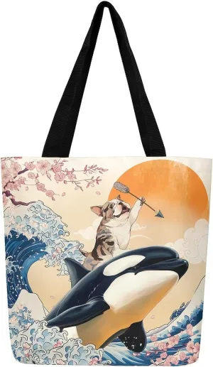 Funny Dog Canvas Bag Japanese Ocean Wave Grocery Bag, Cartoon Asian Fun Anime Canvas Tote Bag