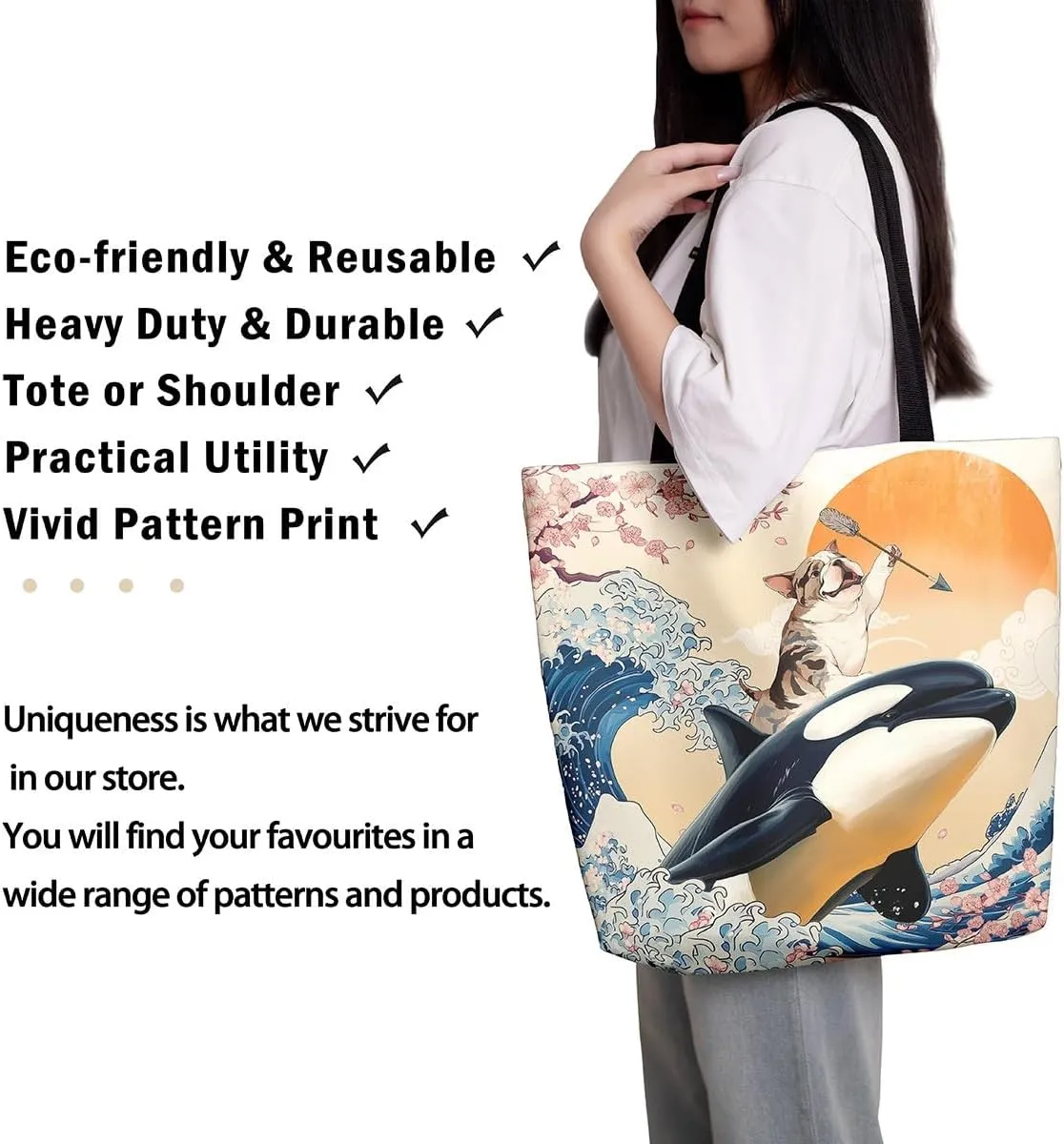 Funny Dog Canvas Bag Japanese Ocean Wave Grocery Bag, Cartoon Asian Fun Anime Canvas Tote Bag