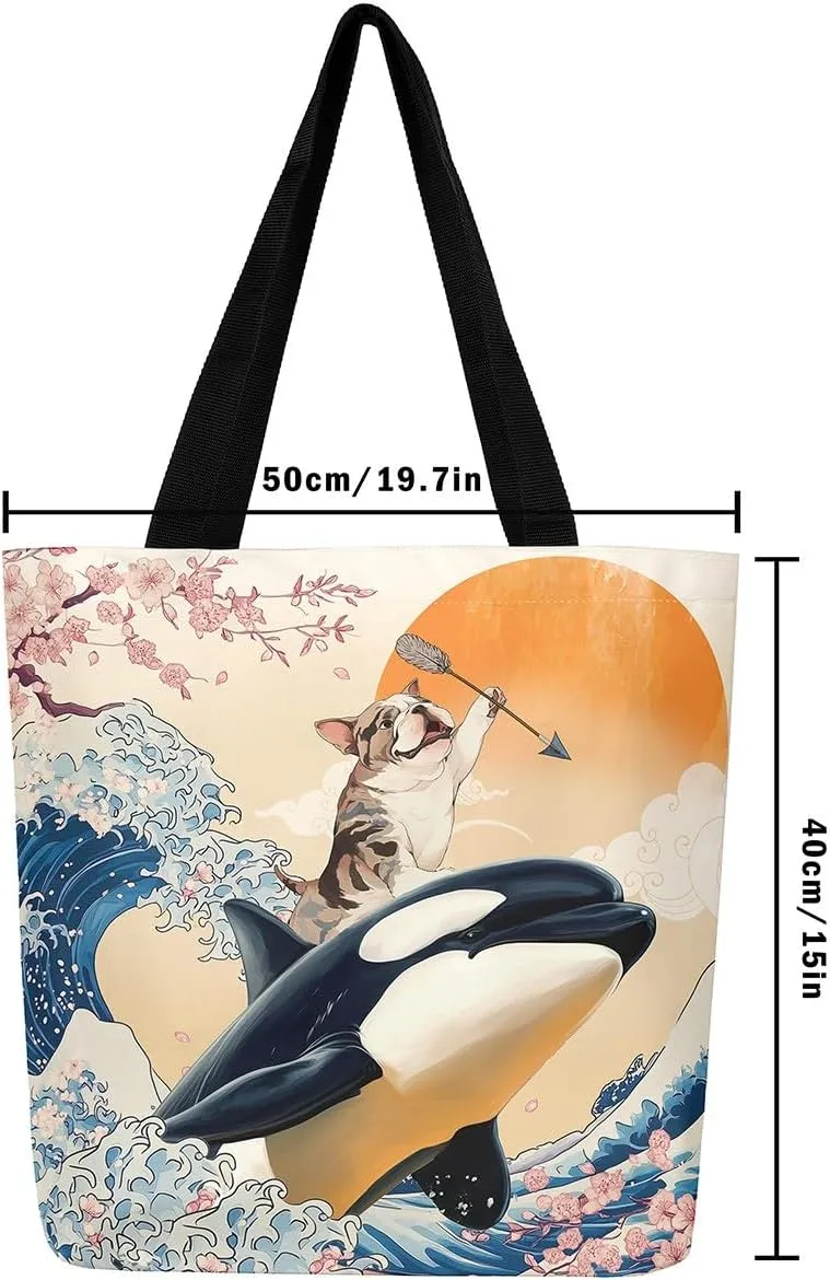 Funny Dog Canvas Bag Japanese Ocean Wave Grocery Bag, Cartoon Asian Fun Anime Canvas Tote Bag