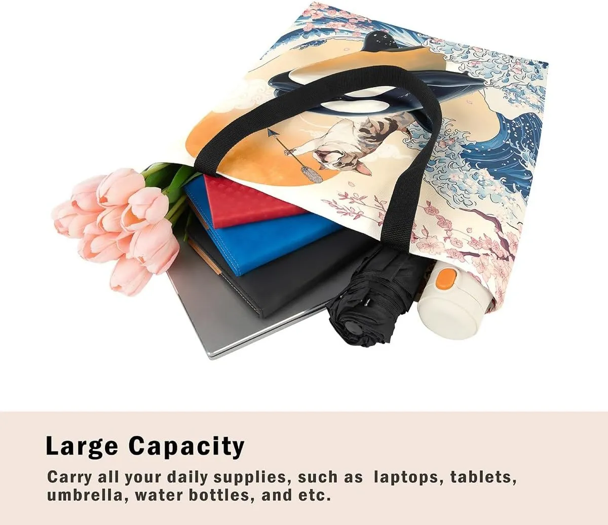 Funny Dog Canvas Bag Japanese Ocean Wave Grocery Bag, Cartoon Asian Fun Anime Canvas Tote Bag