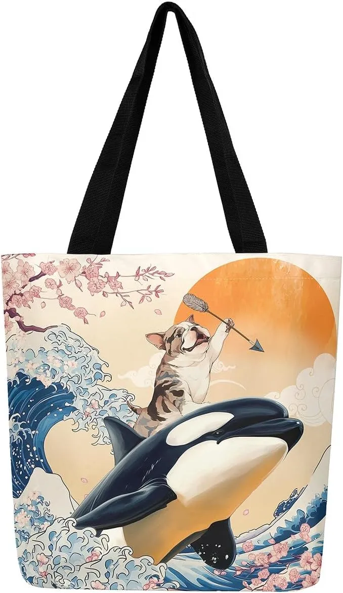 Funny Dog Canvas Bag Japanese Ocean Wave Grocery Bag, Cartoon Asian Fun Anime Canvas Tote Bag