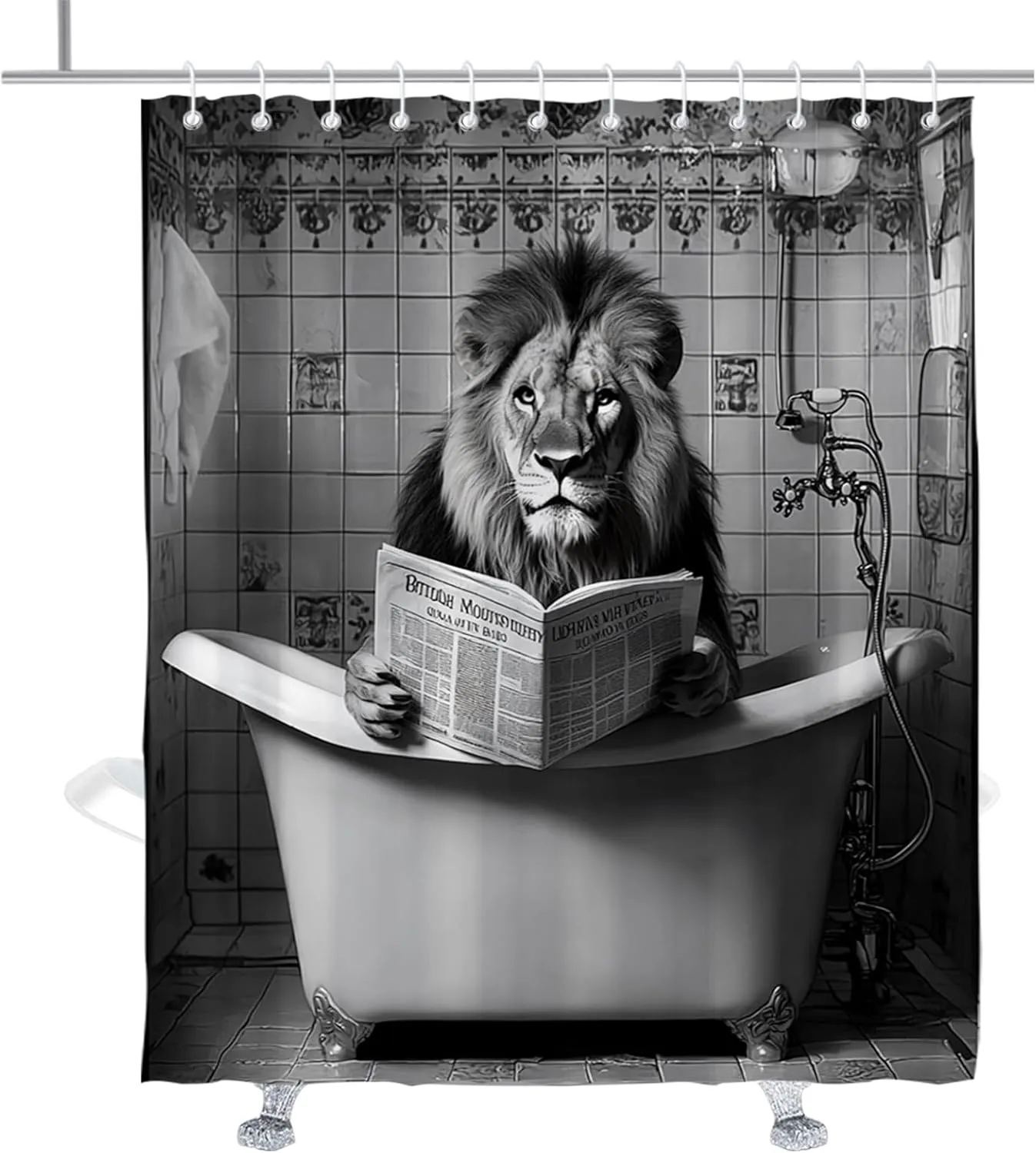 Funny Lion Shower Curtain Fun Animal in Tub with Newspaper Shower Curtains Set Abstract Retro Lions Animal Boys Mens Bathroom Decor Accessory with Hooks 72" W x 84" H