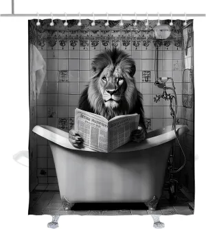 Funny Lion Shower Curtain Fun Animal in Tub with Newspaper Shower Curtains Set Abstract Retro Lions Animal Boys Mens Bathroom Decor Accessory with Hooks 72" W x 84" H