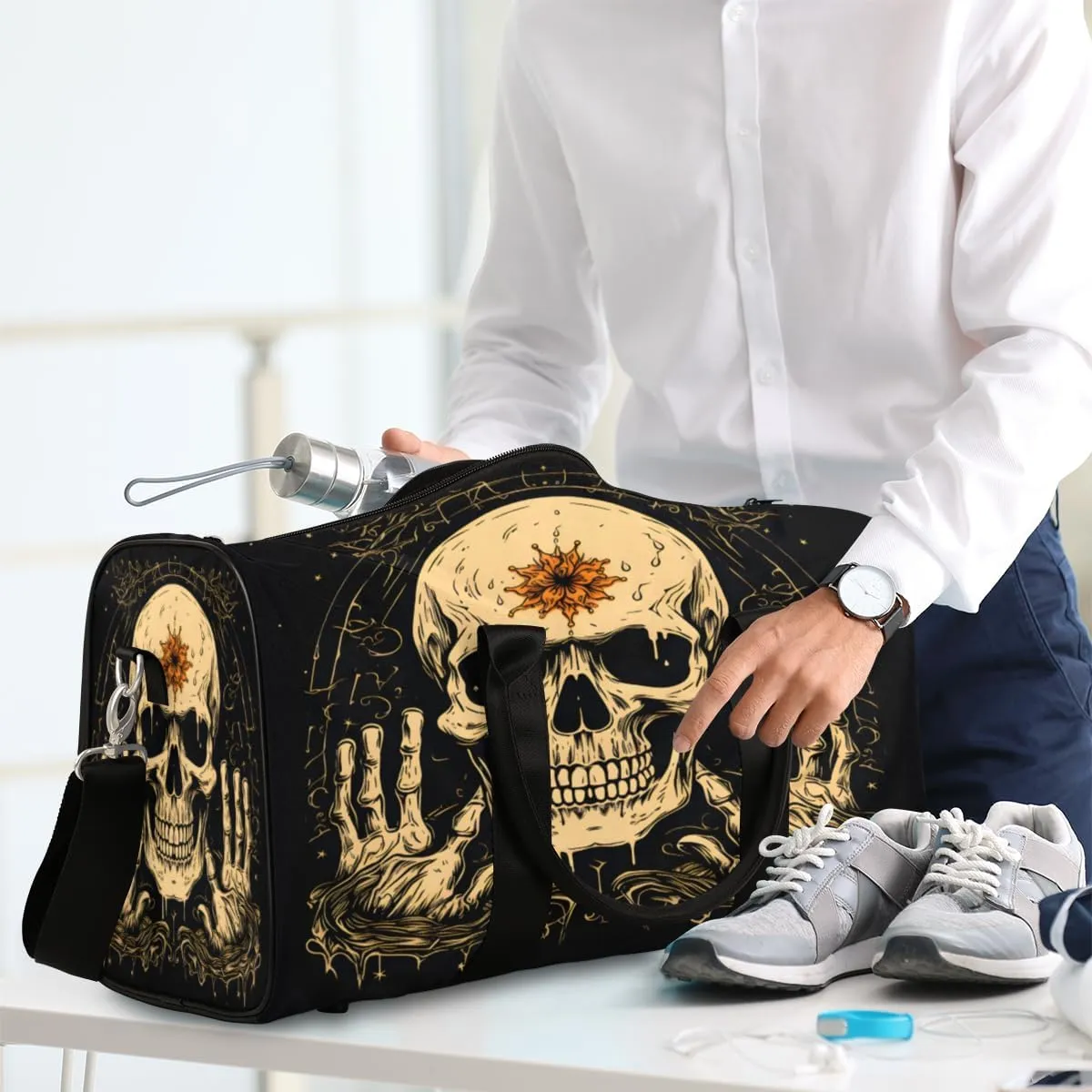 Funny Travel Duffle Bag, Sports Gym Bags for Women Men, Carry On Weekender Overnight Bag, Gothic Skull Workout Hospital Airplane Trips Bag