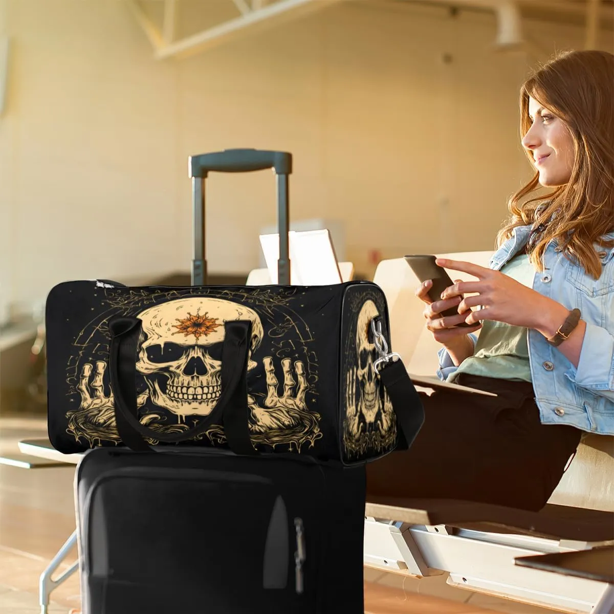 Funny Travel Duffle Bag, Sports Gym Bags for Women Men, Carry On Weekender Overnight Bag, Gothic Skull Workout Hospital Airplane Trips Bag