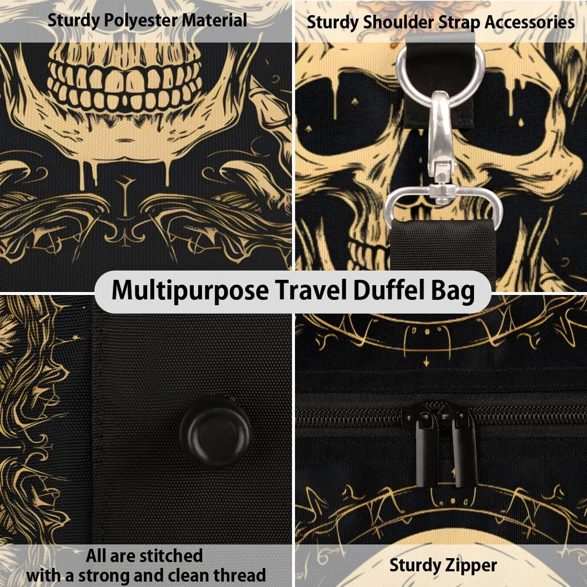Funny Travel Duffle Bag, Sports Gym Bags for Women Men, Carry On Weekender Overnight Bag, Gothic Skull Workout Hospital Airplane Trips Bag