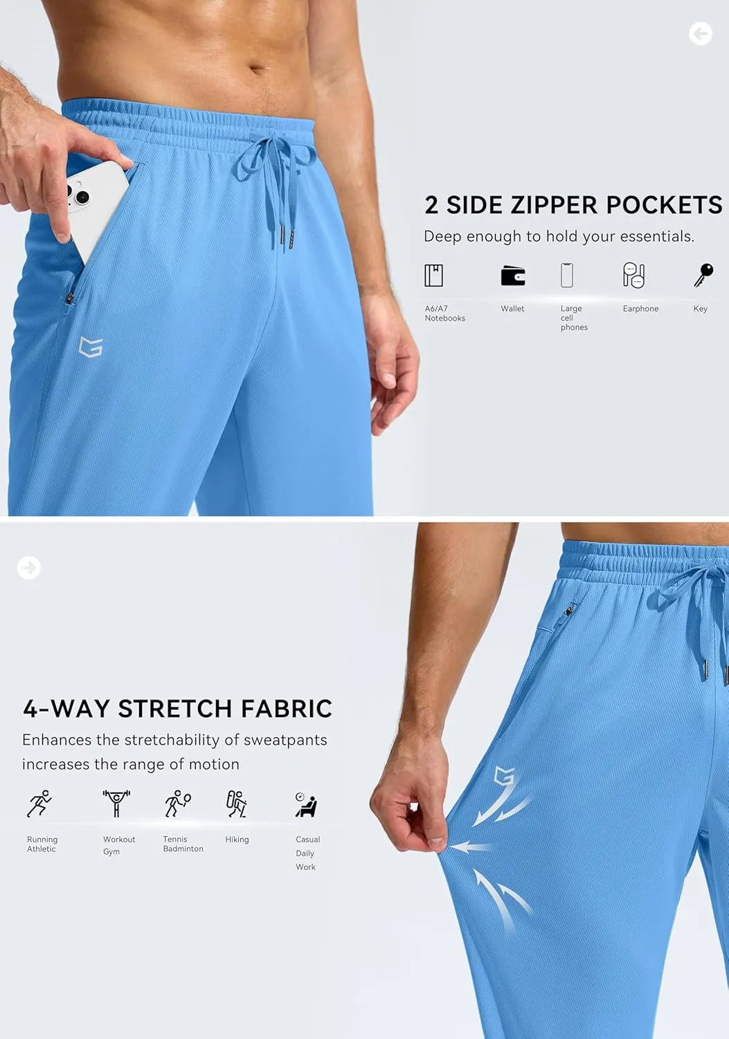 G Gradual Men's Sweatpants with Zipper Pockets Lightweight Mesh Athletic Pants for Men Open Bottom Workout Gym Running