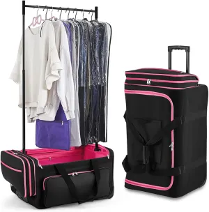 Garment Bags For Travel, 28"Dance Bag With Coat Hanger, Clothes Rack Dance Suitcase, Rolling Garment Bags With Wheels, Clothes Rack For Hanging Clothes (Red, 28 inch)