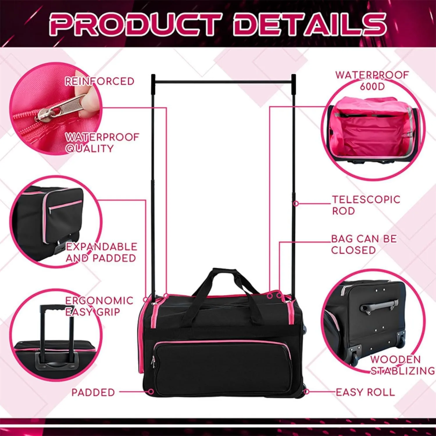 Garment Bags For Travel, 28"Dance Bag With Coat Hanger, Clothes Rack Dance Suitcase, Rolling Garment Bags With Wheels, Clothes Rack For Hanging Clothes (Red, 28 inch)