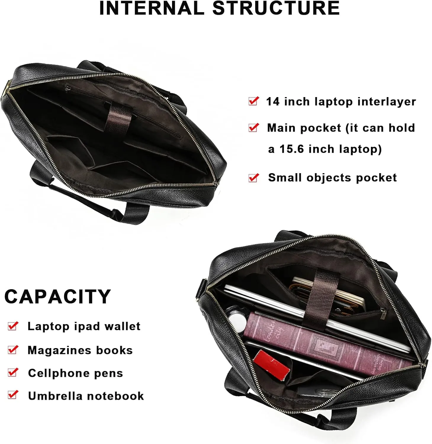 Genuine Leather Briefcase for Men, Laptop Computer Shoulder Bag With Strap, 15.6 Inch Business Travel Work Handbag
