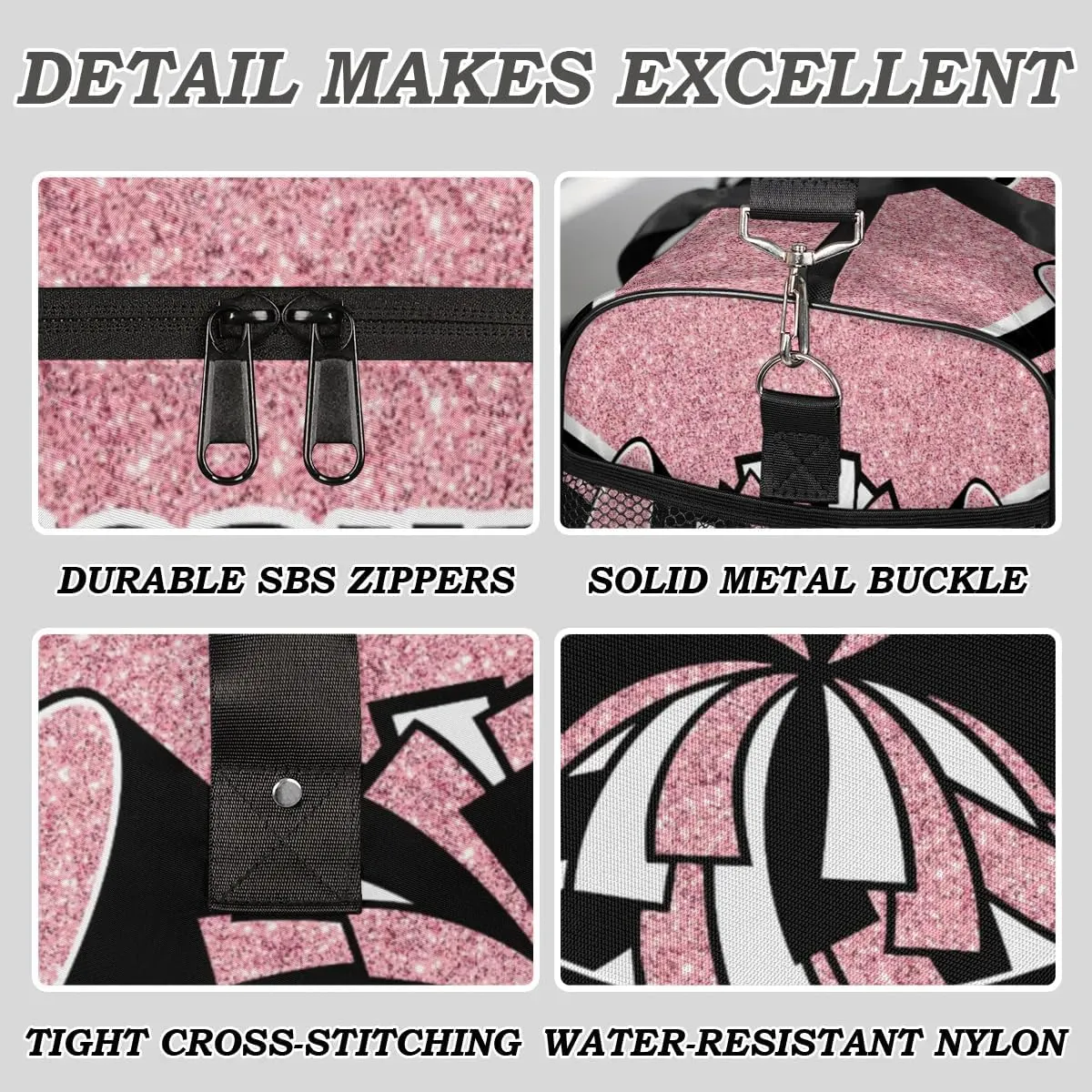 Glitter Coral Pink Personalized Cheer Bags for Cheerleaders Custom Sport Duffel Bag Gym Bag Travel Duffle Bag Overnight Weekender Bag with Name