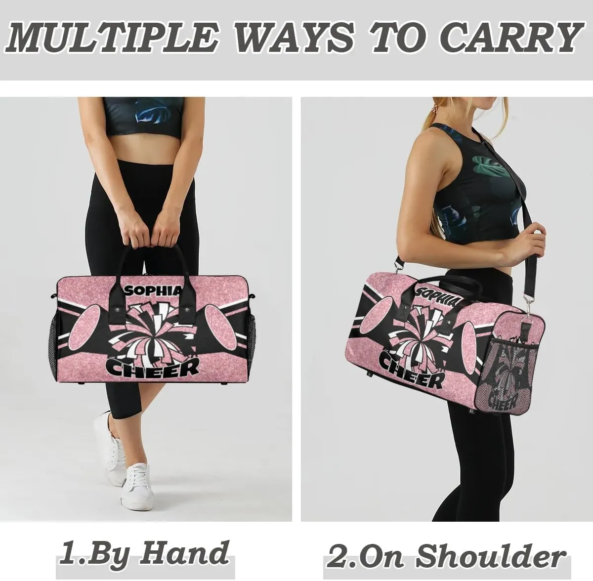 Glitter Coral Pink Personalized Cheer Bags for Cheerleaders Custom Sport Duffel Bag Gym Bag Travel Duffle Bag Overnight Weekender Bag with Name
