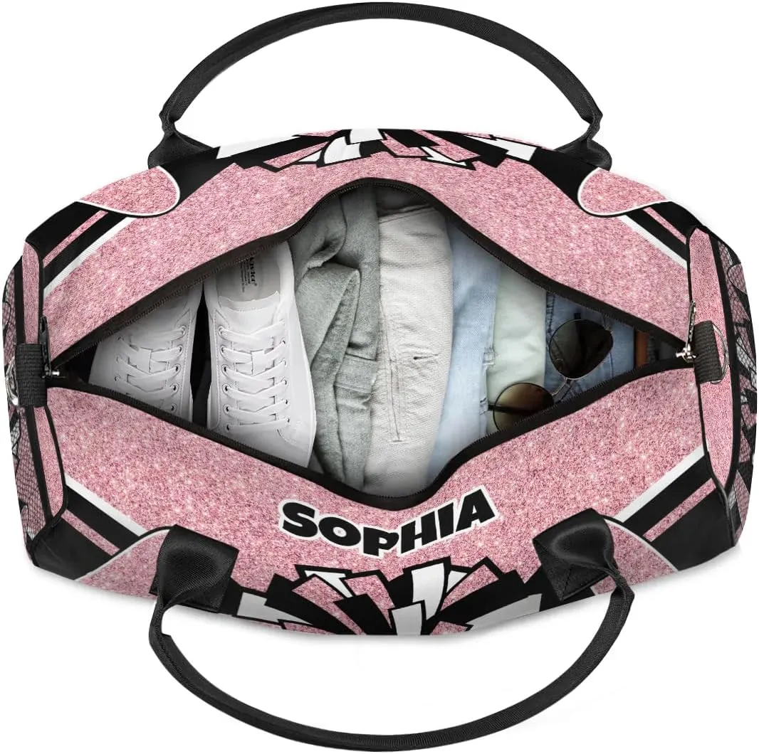 Glitter Coral Pink Personalized Cheer Bags for Cheerleaders Custom Sport Duffel Bag Gym Bag Travel Duffle Bag Overnight Weekender Bag with Name