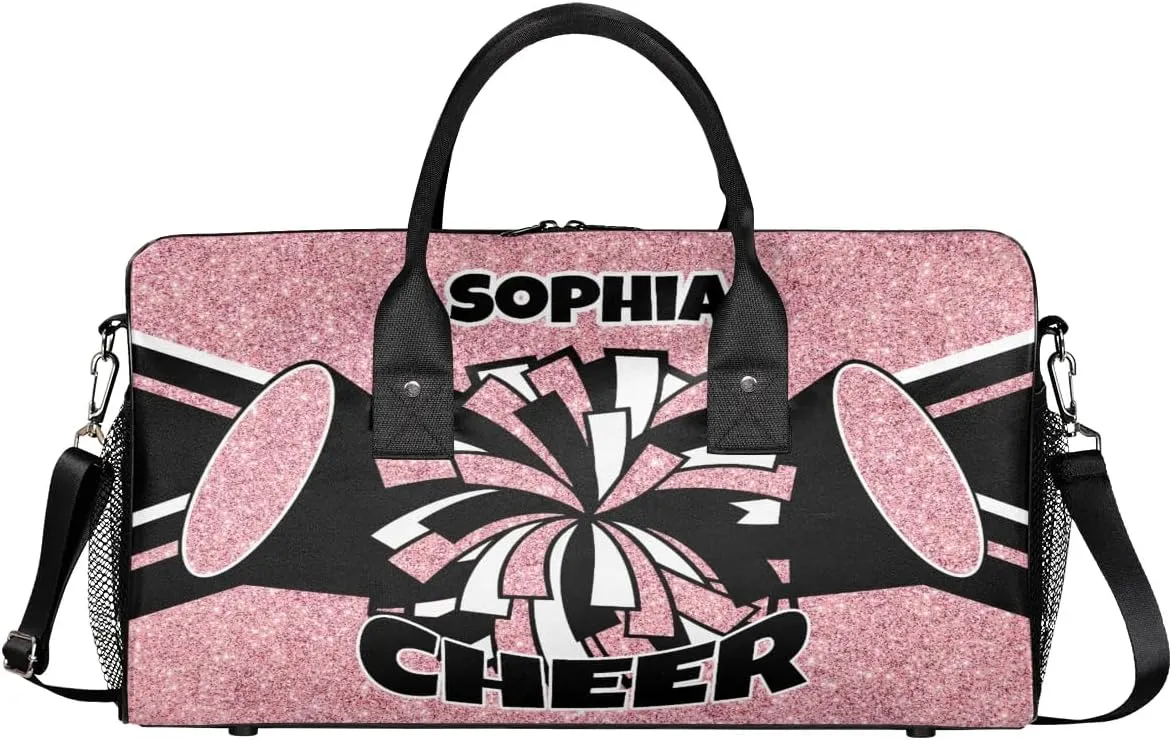 Glitter Coral Pink Personalized Cheer Bags for Cheerleaders Custom Sport Duffel Bag Gym Bag Travel Duffle Bag Overnight Weekender Bag with Name