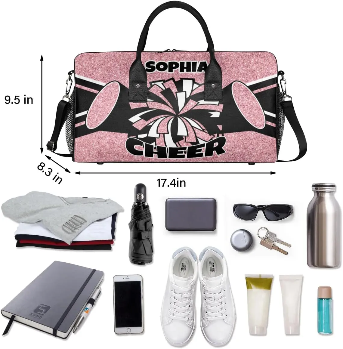 Glitter Coral Pink Personalized Cheer Bags for Cheerleaders Custom Sport Duffel Bag Gym Bag Travel Duffle Bag Overnight Weekender Bag with Name