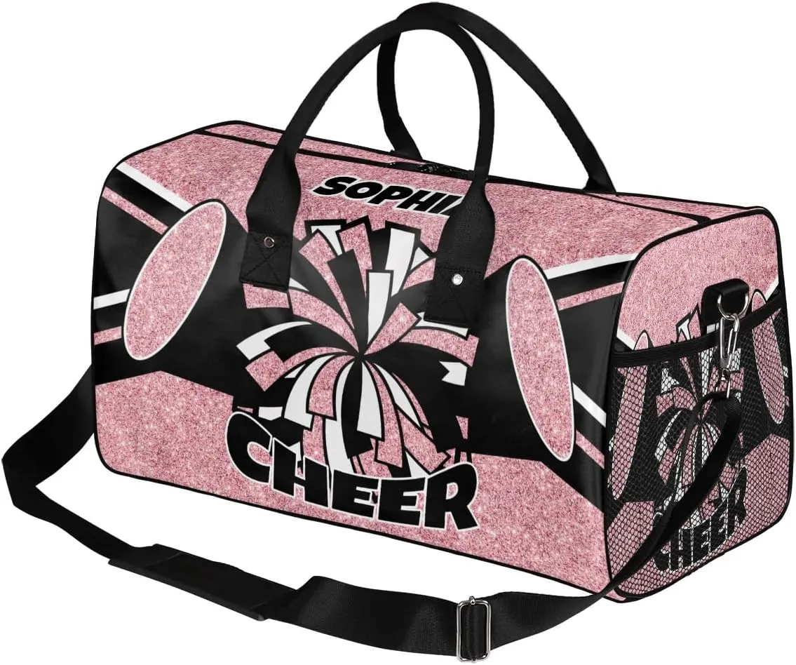 Glitter Coral Pink Personalized Cheer Bags for Cheerleaders Custom Sport Duffel Bag Gym Bag Travel Duffle Bag Overnight Weekender Bag with Name