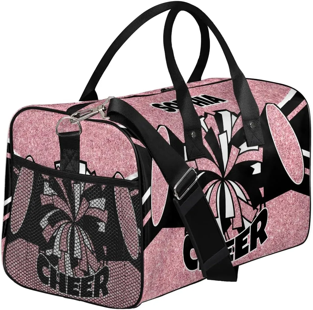Glitter Coral Pink Personalized Cheer Bags for Cheerleaders Custom Sport Duffel Bag Gym Bag Travel Duffle Bag Overnight Weekender Bag with Name