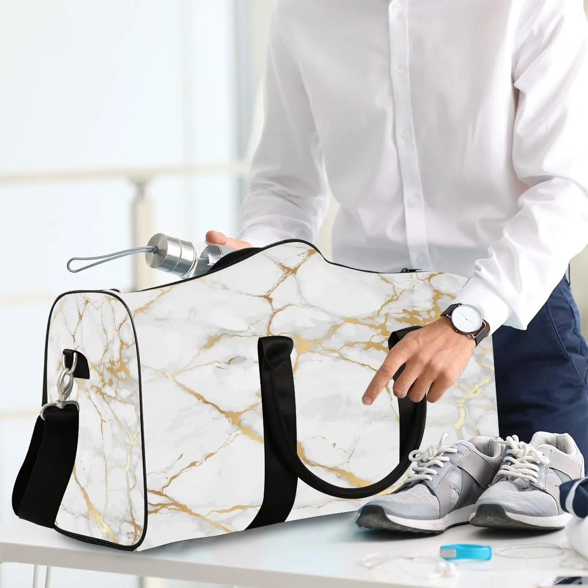 Gold Abstract Marble Travel Duffel Bag for Women Men Small Sport Gym Bag Waterproof Weekender Overnight Bag Lightweight Carry on bag Foldable Gym Bag for Training Swim Yoga Traveling Handbag