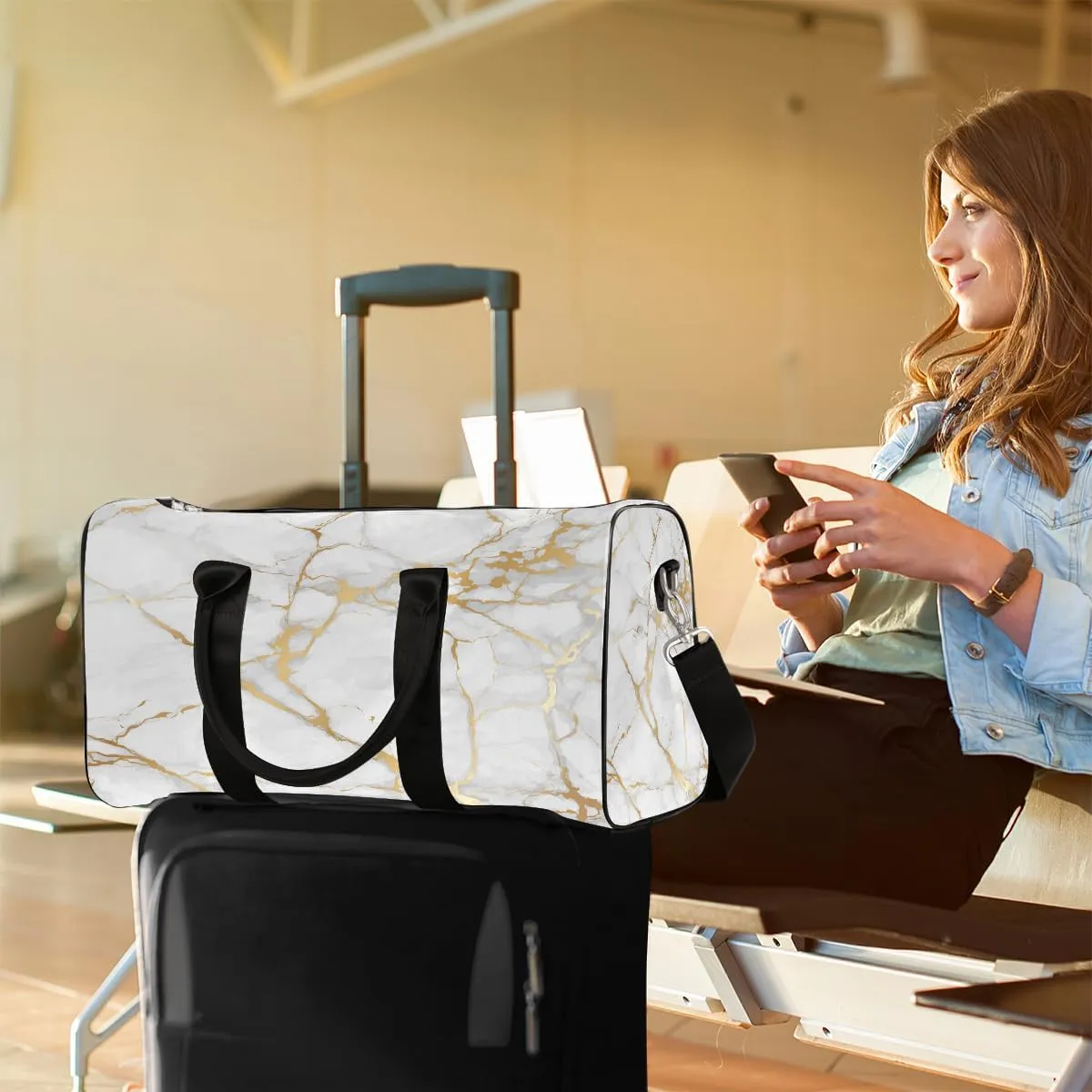 Gold Abstract Marble Travel Duffel Bag for Women Men Small Sport Gym Bag Waterproof Weekender Overnight Bag Lightweight Carry on bag Foldable Gym Bag for Training Swim Yoga Traveling Handbag
