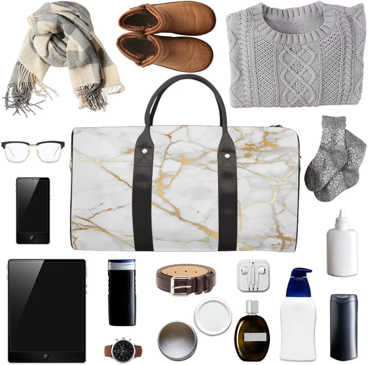Gold Abstract Marble Travel Duffel Bag for Women Men Small Sport Gym Bag Waterproof Weekender Overnight Bag Lightweight Carry on bag Foldable Gym Bag for Training Swim Yoga Traveling Handbag