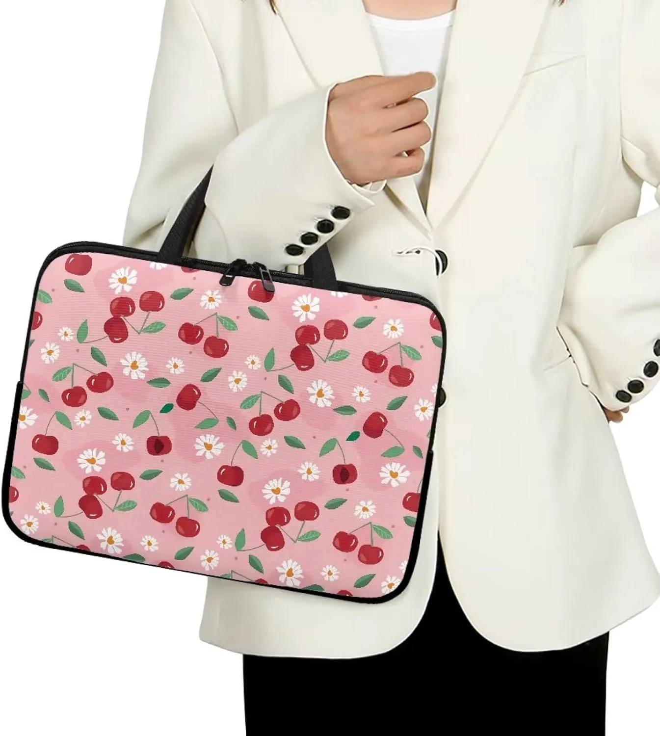 Gomyblomy Cherries & Flowers Waterproof Computer Bag, Portable Laptop Briefcase, Women 15 Inch Laptop Tote, Tablet Accessories