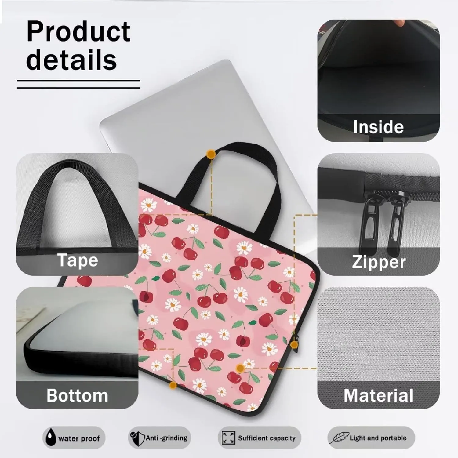 Gomyblomy Cherries & Flowers Waterproof Computer Bag, Portable Laptop Briefcase, Women 15 Inch Laptop Tote, Tablet Accessories