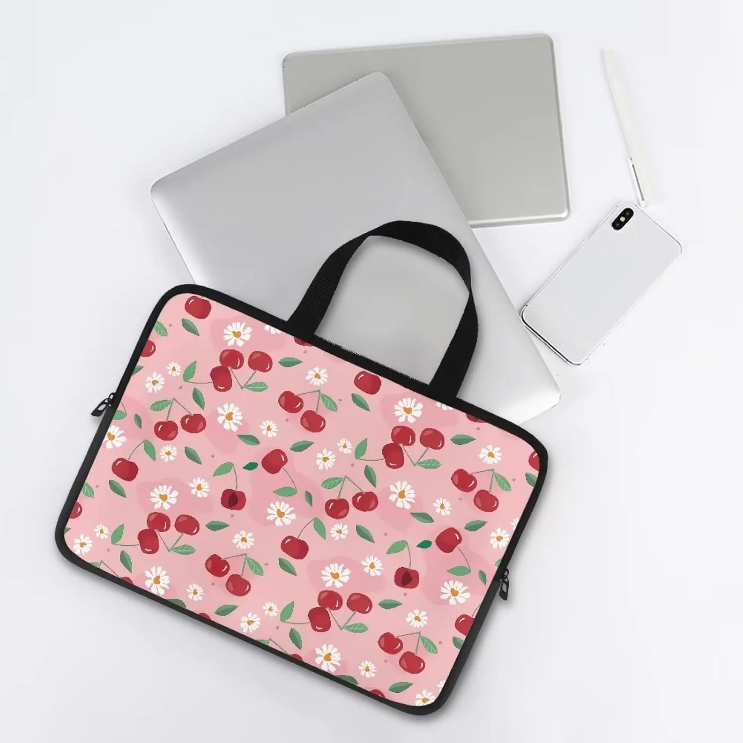 Gomyblomy Cherries & Flowers Waterproof Computer Bag, Portable Laptop Briefcase, Women 15 Inch Laptop Tote, Tablet Accessories
