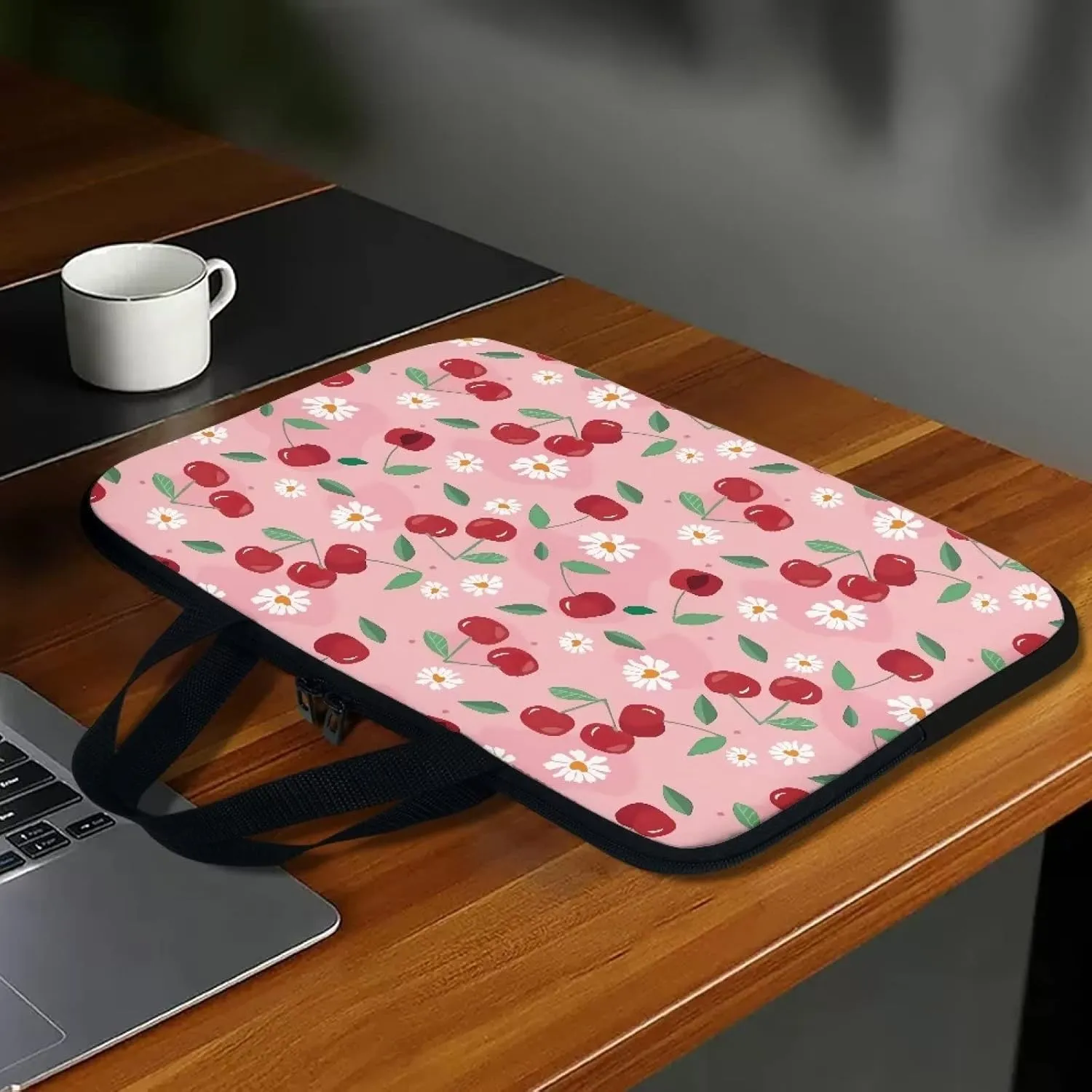 Gomyblomy Cherries & Flowers Waterproof Computer Bag, Portable Laptop Briefcase, Women 15 Inch Laptop Tote, Tablet Accessories