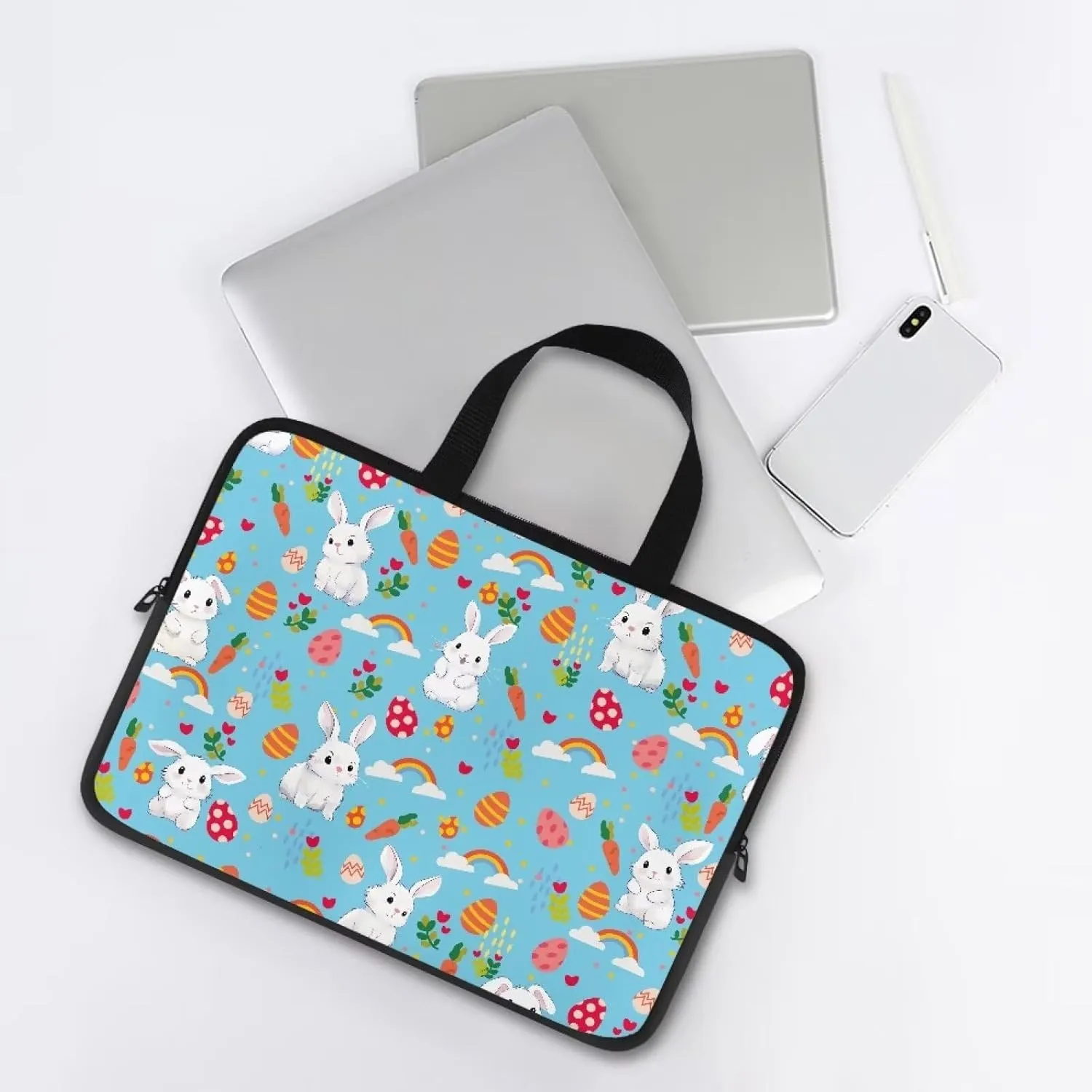 Gomyblomy Rabbits Business Briefcase, Easter Theme 15 inch Laptop Bag with Handle, Durable Washable Computer Dust Bag, Holiday Decoration