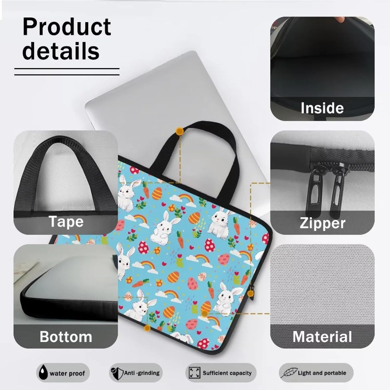 Gomyblomy Rabbits Business Briefcase, Easter Theme 15 inch Laptop Bag with Handle, Durable Washable Computer Dust Bag, Holiday Decoration