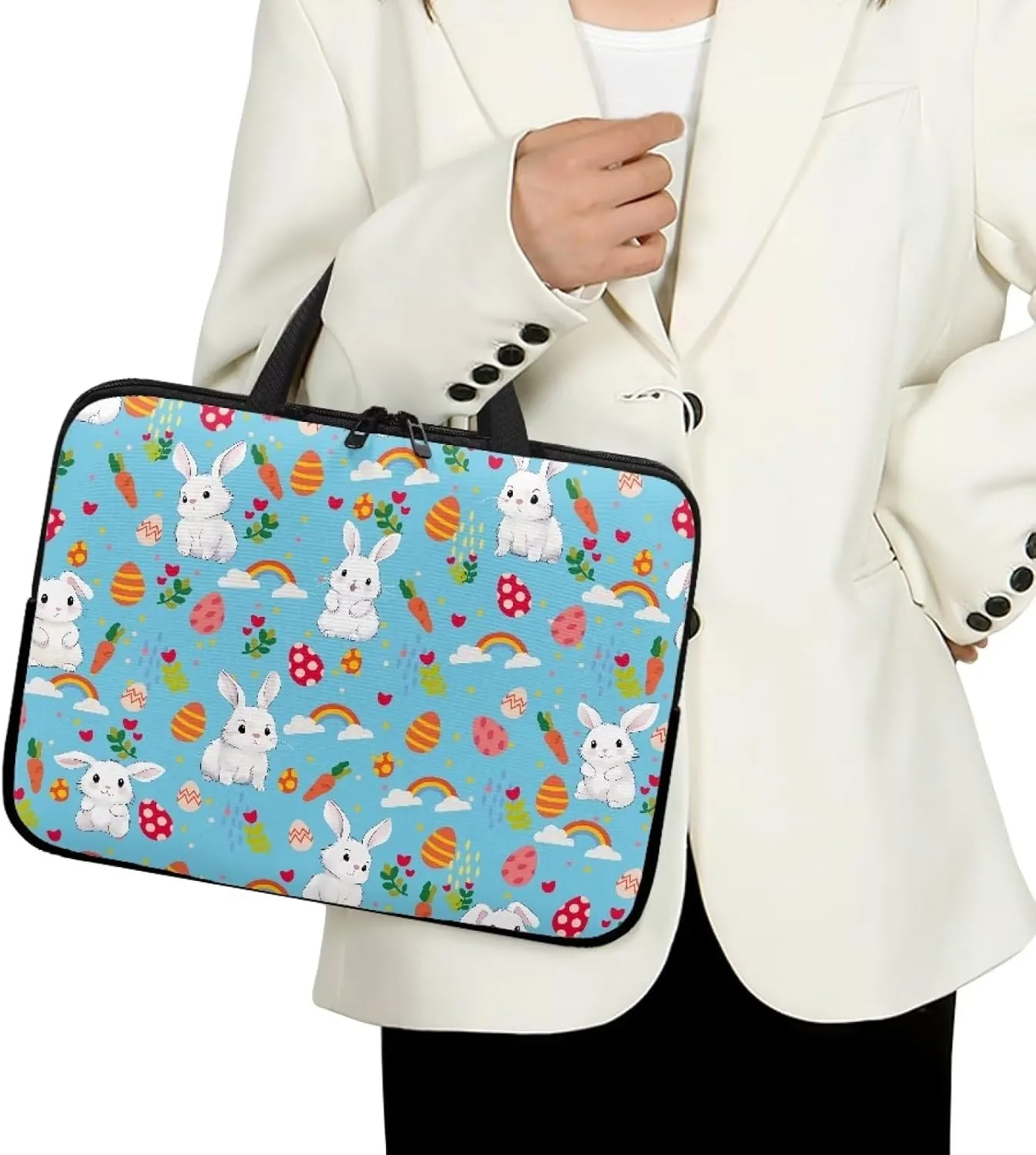 Gomyblomy Rabbits Business Briefcase, Easter Theme 15 inch Laptop Bag with Handle, Durable Washable Computer Dust Bag, Holiday Decoration