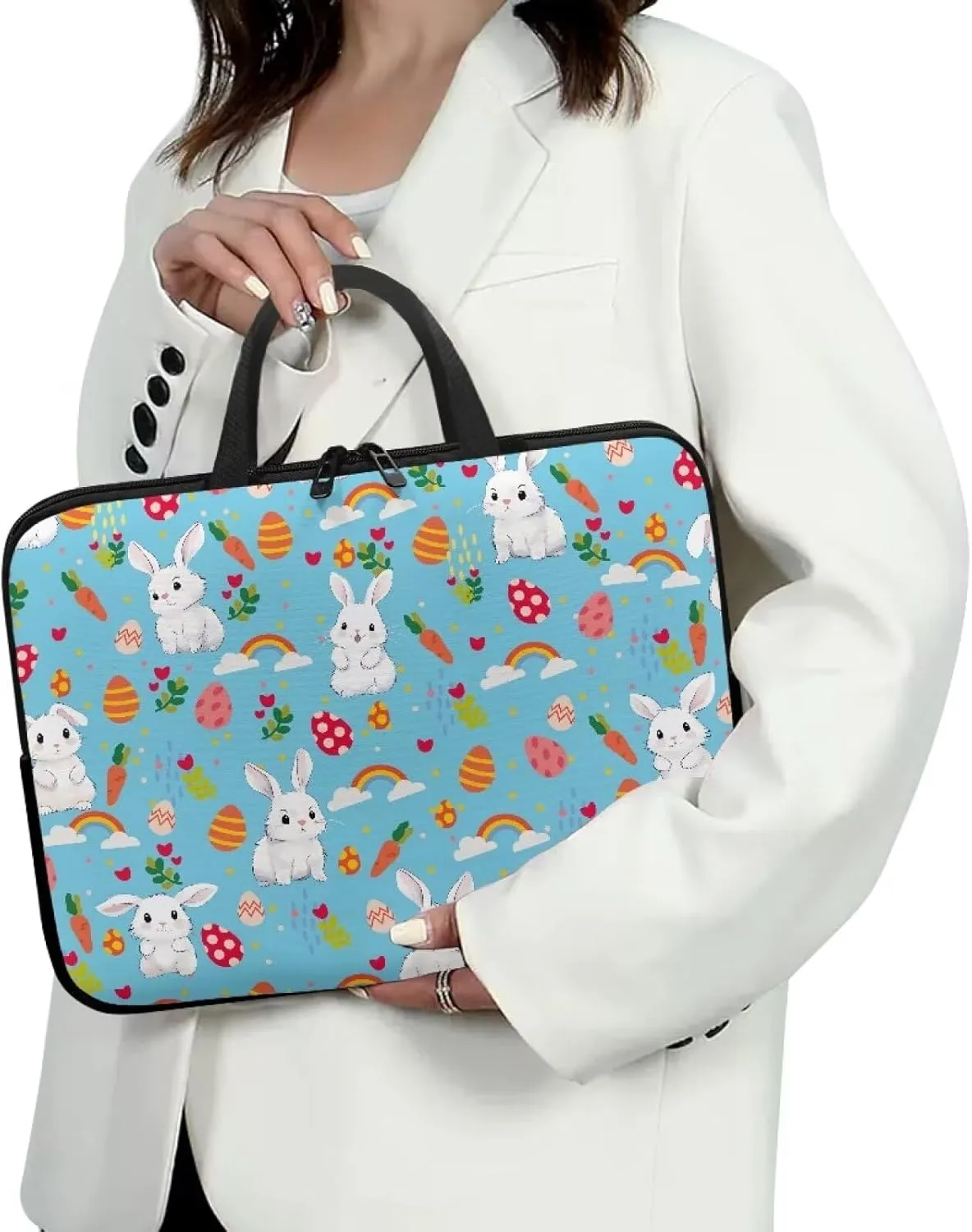 Gomyblomy Rabbits Business Briefcase, Easter Theme 15 inch Laptop Bag with Handle, Durable Washable Computer Dust Bag, Holiday Decoration
