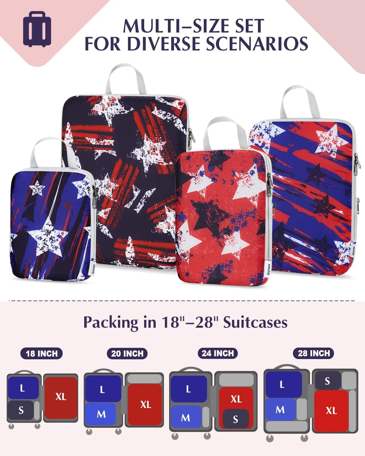 Gonex Compression Packing Cubes, 4pcs Expandable Storage Travel Luggage Bags Organizers, Travel Cubes for Suitcase Carry On (Stars)