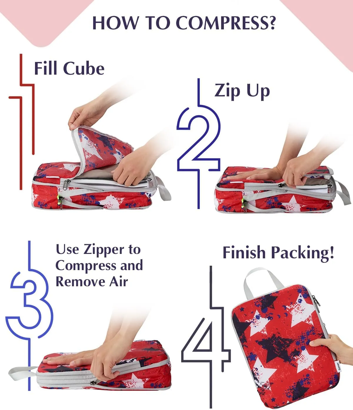 Gonex Compression Packing Cubes, 4pcs Expandable Storage Travel Luggage Bags Organizers, Travel Cubes for Suitcase Carry On (Stars)