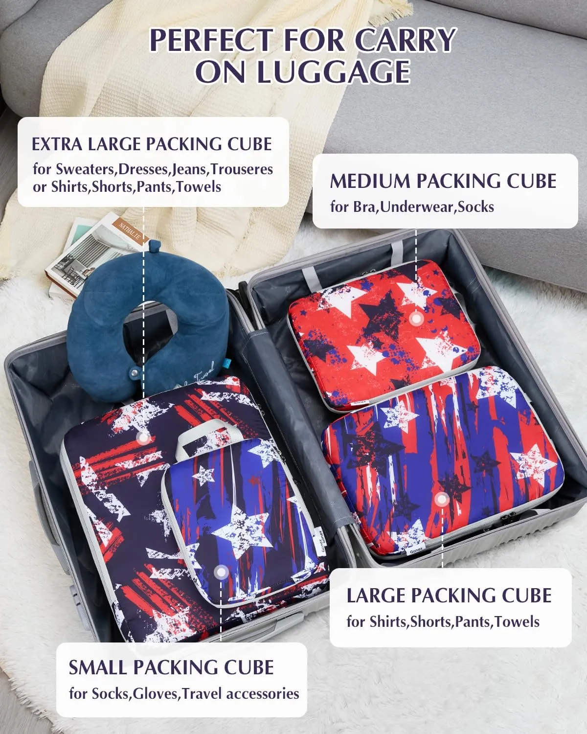 Gonex Compression Packing Cubes, 4pcs Expandable Storage Travel Luggage Bags Organizers, Travel Cubes for Suitcase Carry On (Stars)