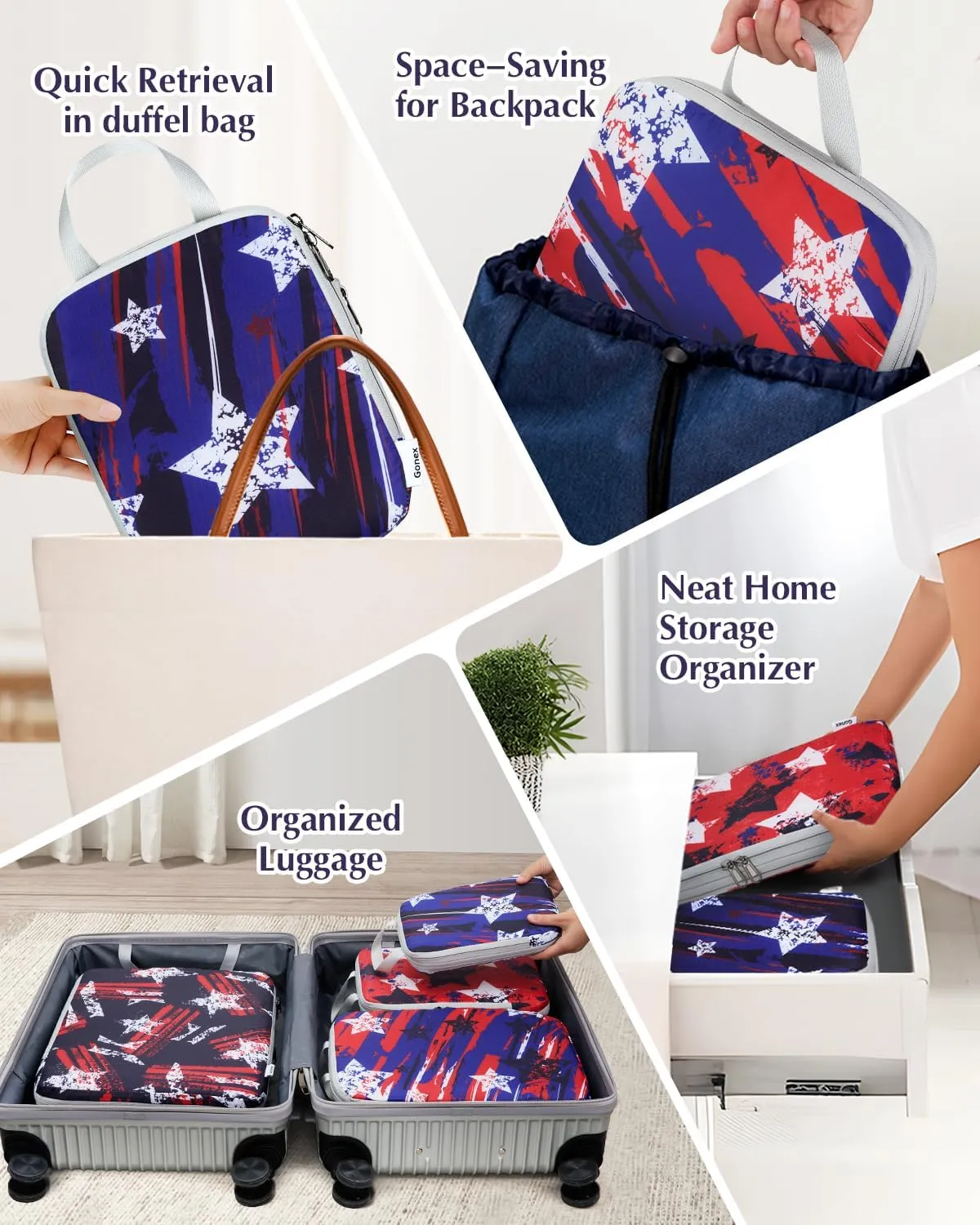 Gonex Compression Packing Cubes, 4pcs Expandable Storage Travel Luggage Bags Organizers, Travel Cubes for Suitcase Carry On (Stars)