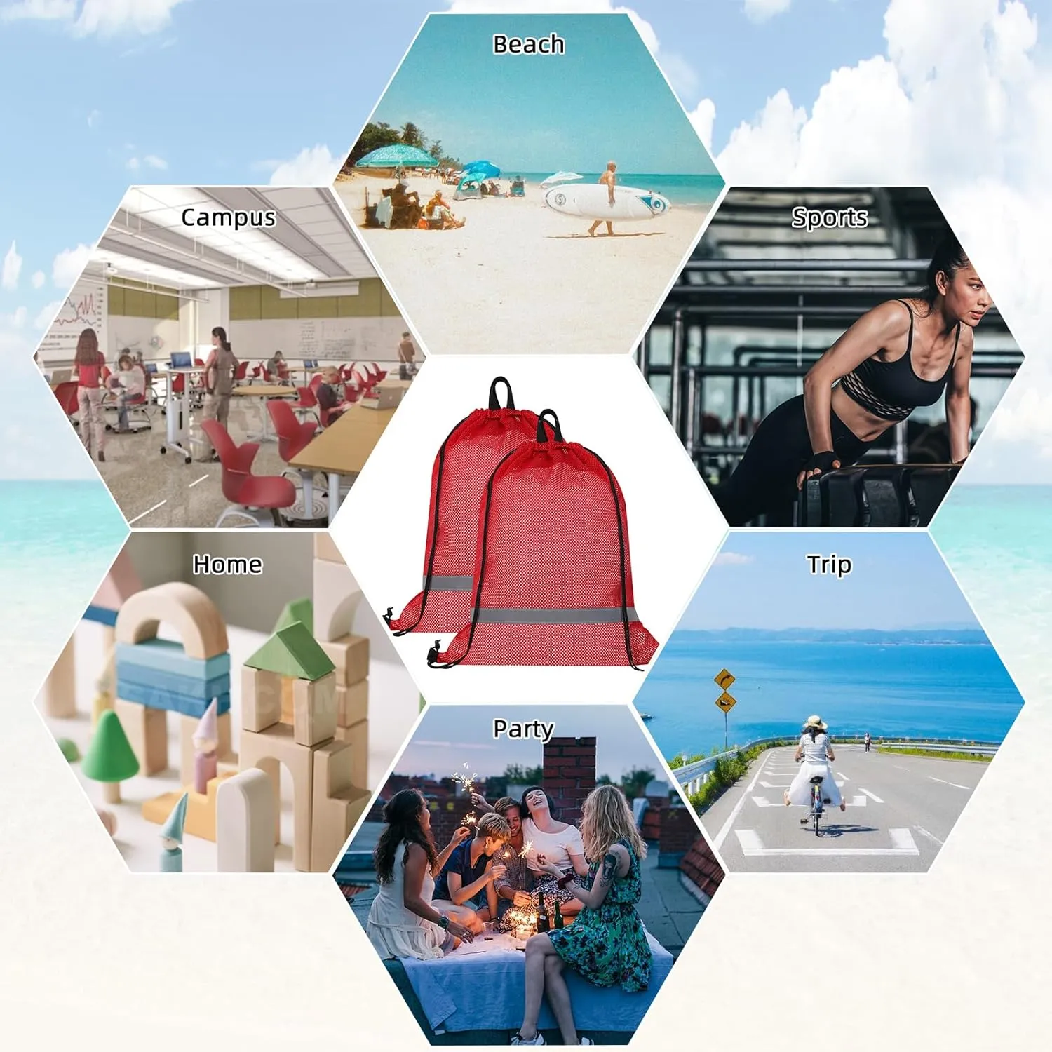 GoodtoU Mesh Swim Bag - Drawstring Net Gym Beach Backpack with Reflective Strip