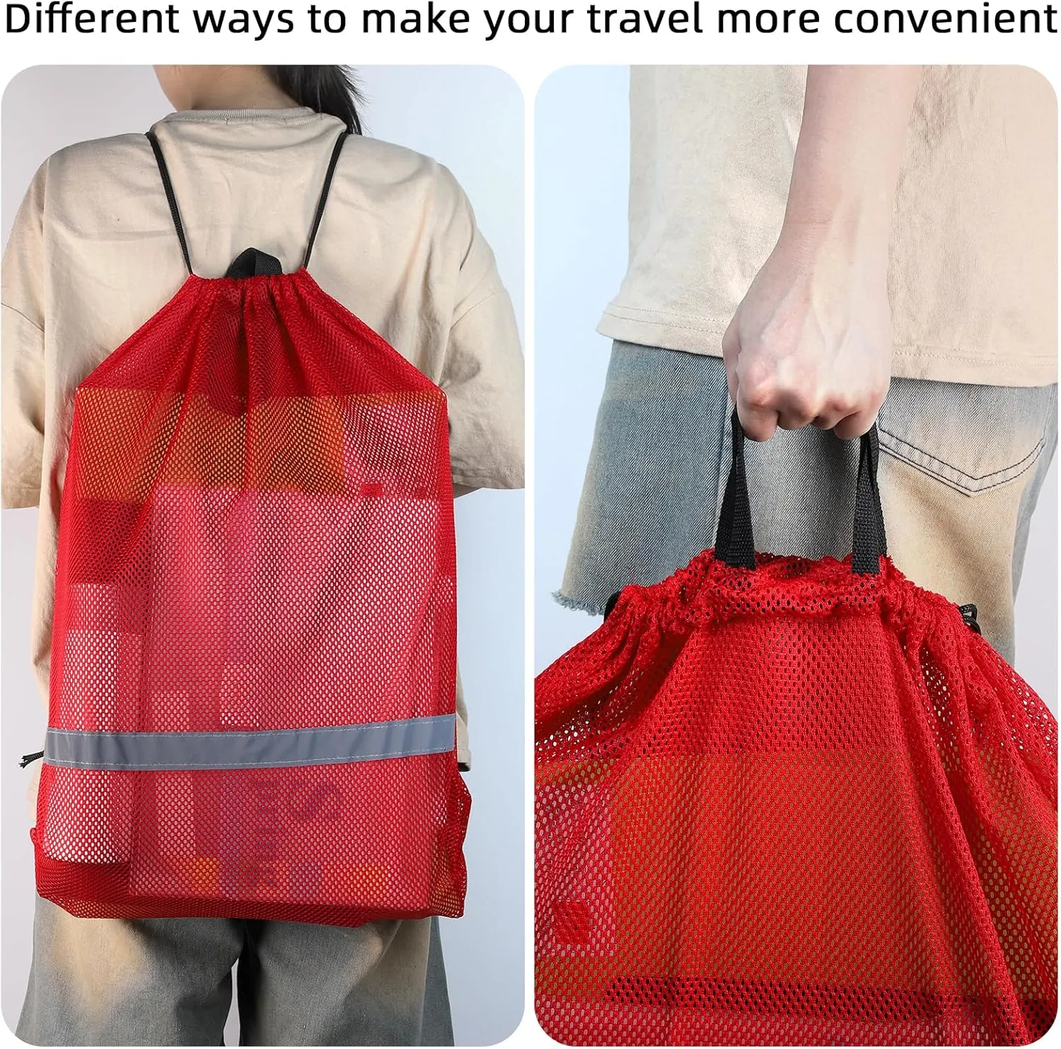 GoodtoU Mesh Swim Bag - Drawstring Net Gym Beach Backpack with Reflective Strip