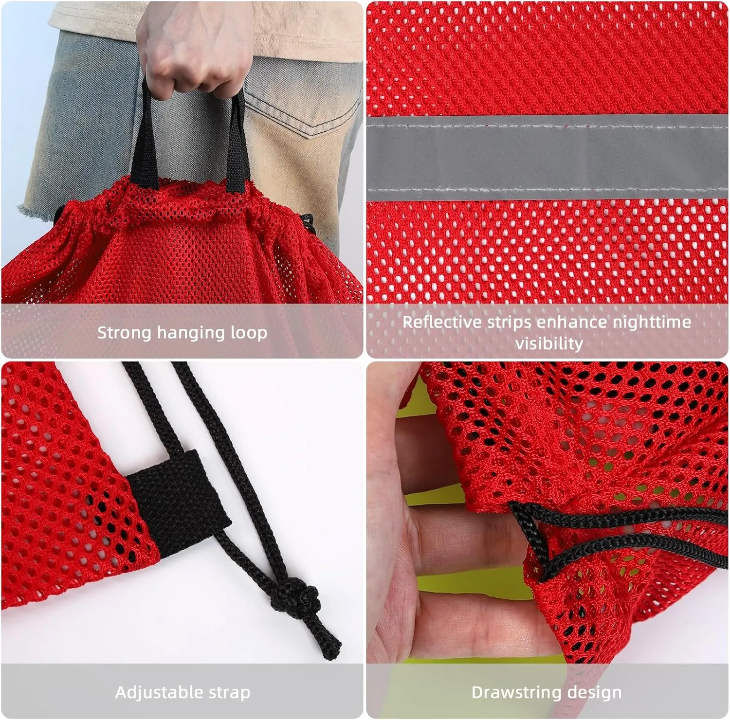 GoodtoU Mesh Swim Bag - Drawstring Net Gym Beach Backpack with Reflective Strip