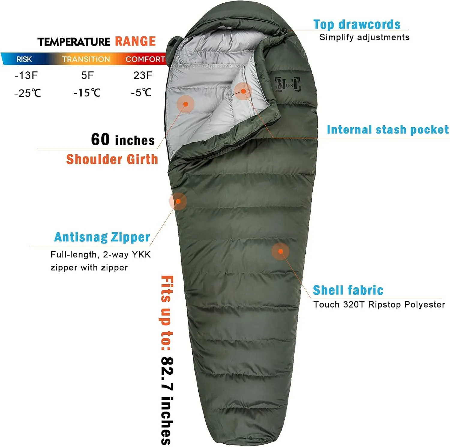 Goose Down Mummy Sleeping Bag – Ultra-Light, Compressible, All-Season Camping & Backpacking Bag, -13°F Extreme Cold Rating, Waterproof & Breathable