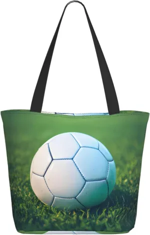 Green Soccer Ball On Grassy Tote Bag with Zipper for Women Inside Mesh Pocket Heavy Duty Casual Anti-water Cloth Shoulder Handbag Outdoors