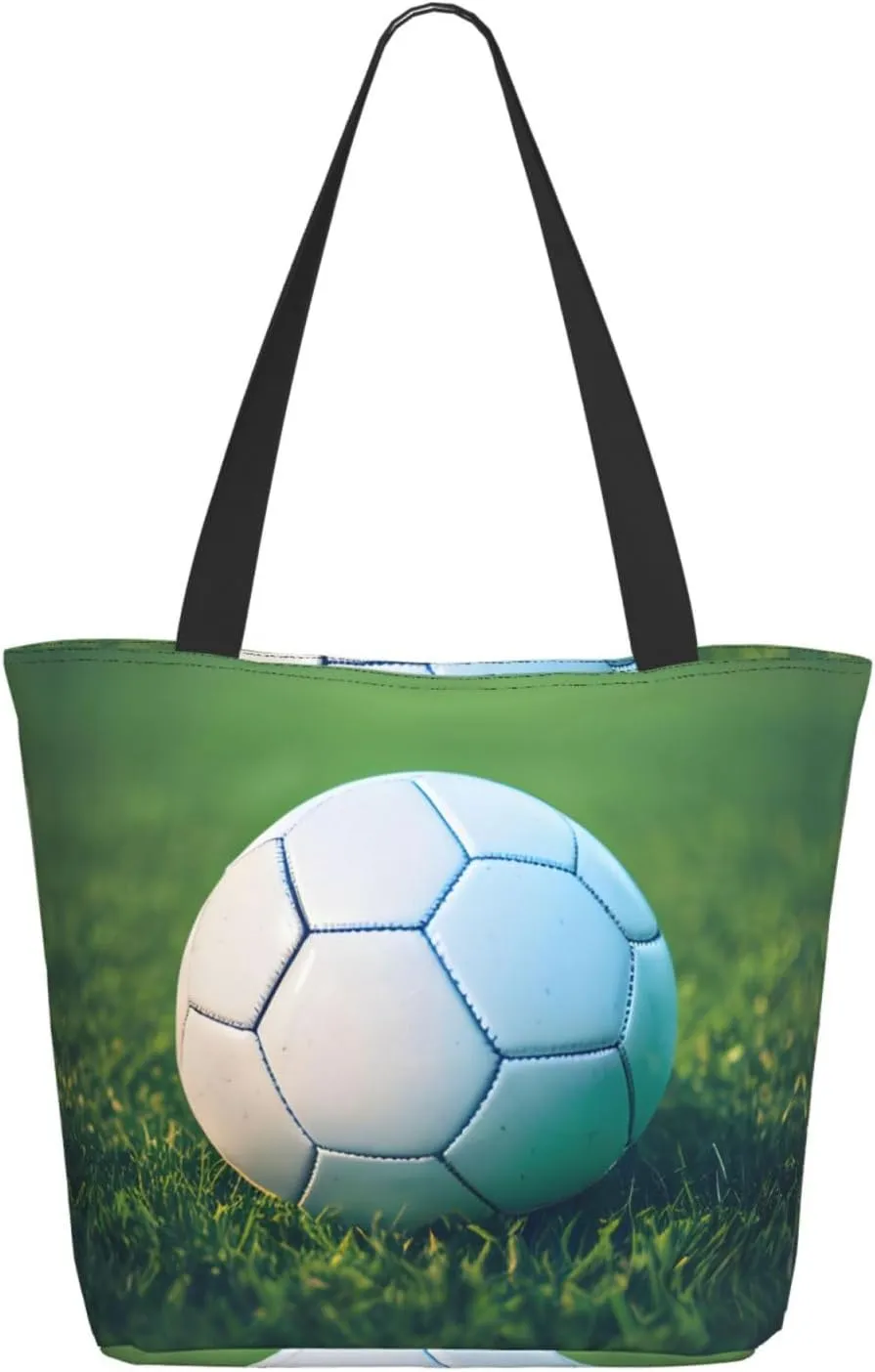 Green Soccer Ball On Grassy Tote Bag with Zipper for Women Inside Mesh Pocket Heavy Duty Casual Anti-water Cloth Shoulder Handbag Outdoors