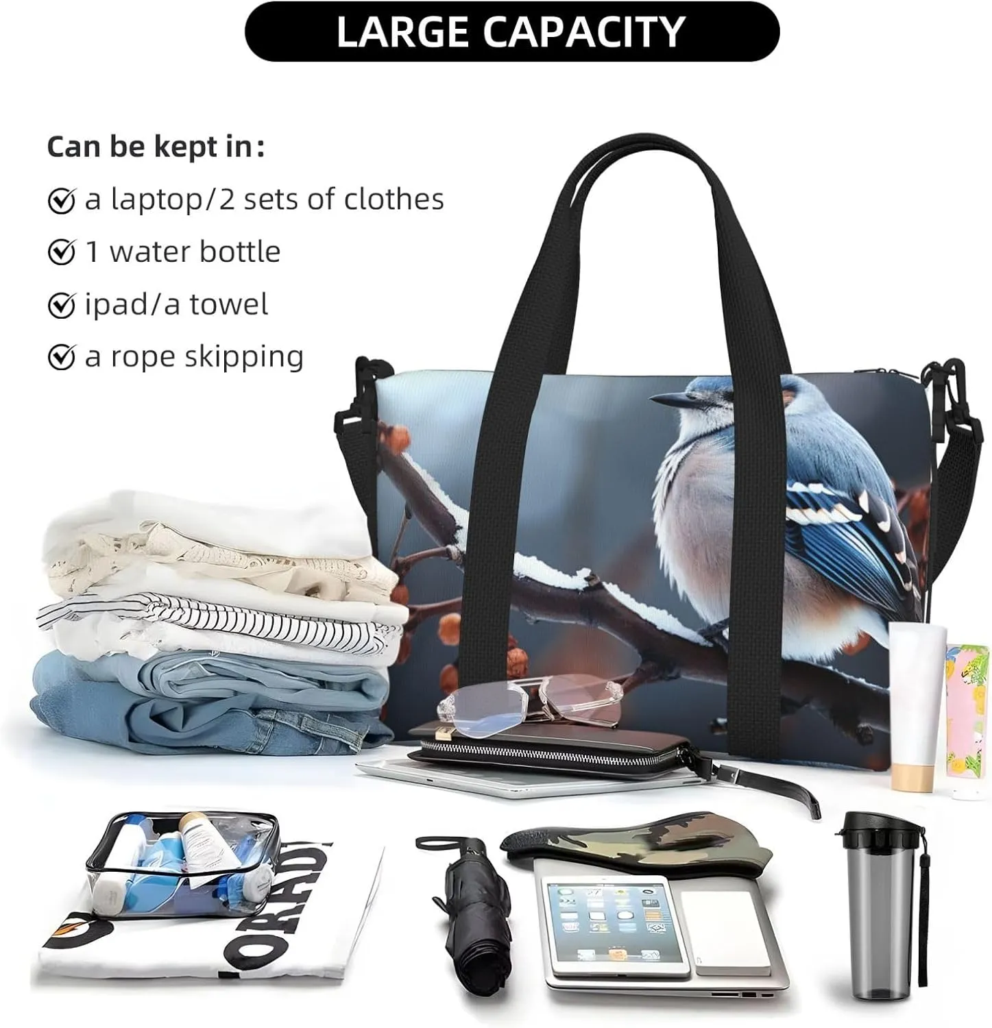 Gym Bag Bird on branch in winter Duffel Bag for Men Women Travel Overnight Bag with Shoe Compartment Workout Bags